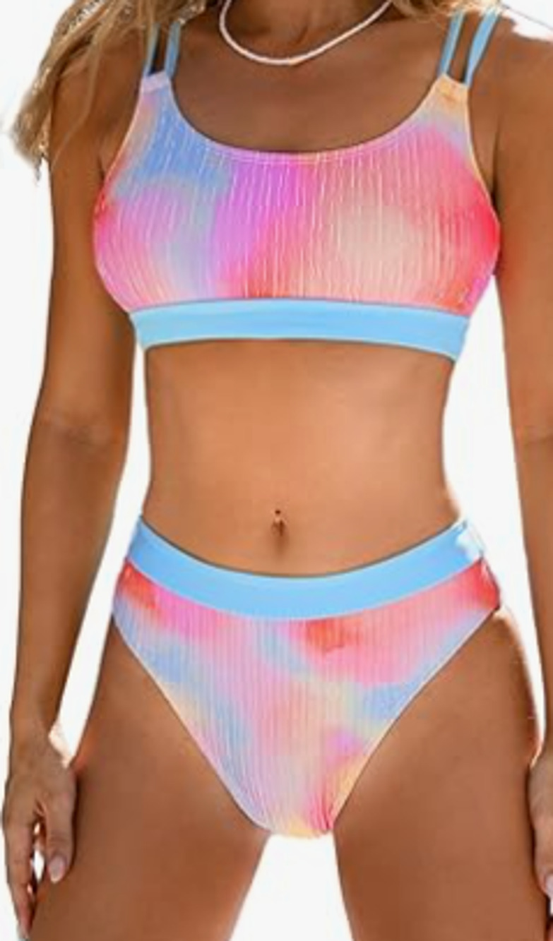 CUPSHE Women's L Two Piece U-Neck Rainbow Bright Colors Swimsuit G25-26